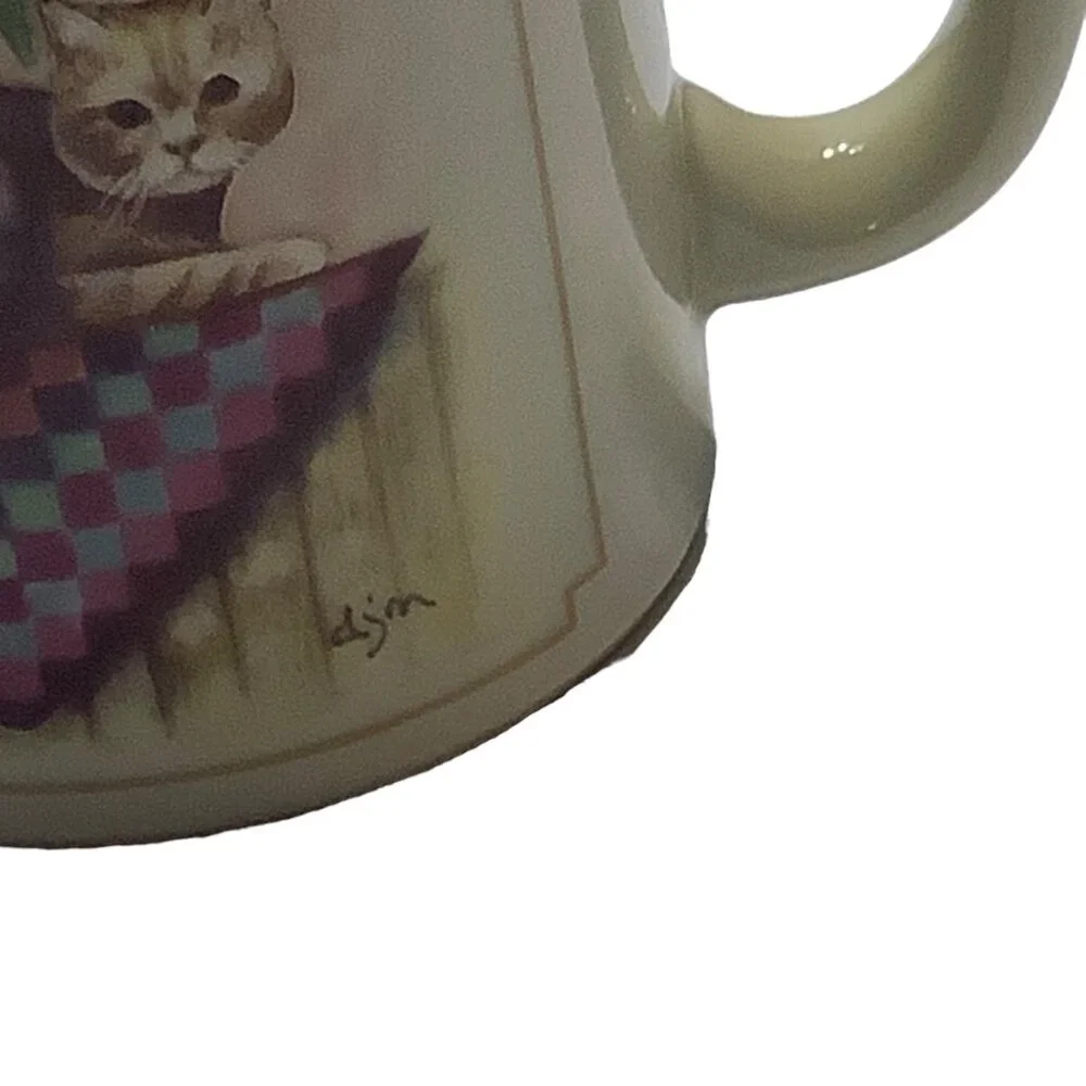 Vtg Otagiri Japan Tabby Kitty Cat Patchwork Quilt Flower Plant‎ Tea Cup Mug 3.5
